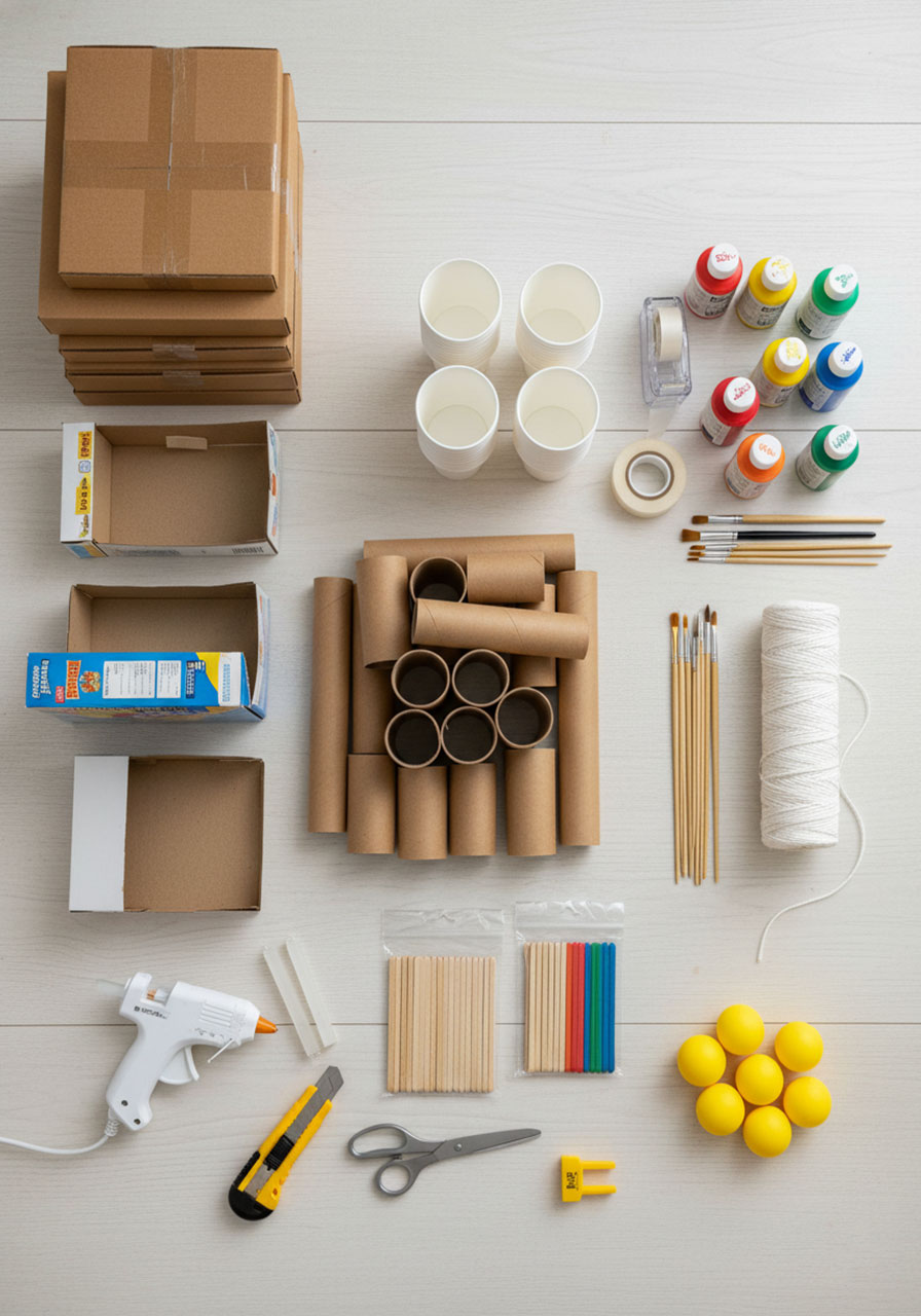 Complete supplies and materials needed for DIY cardboard carnival games including boxes, tubes, cups, paint, and craft supplies organized on table