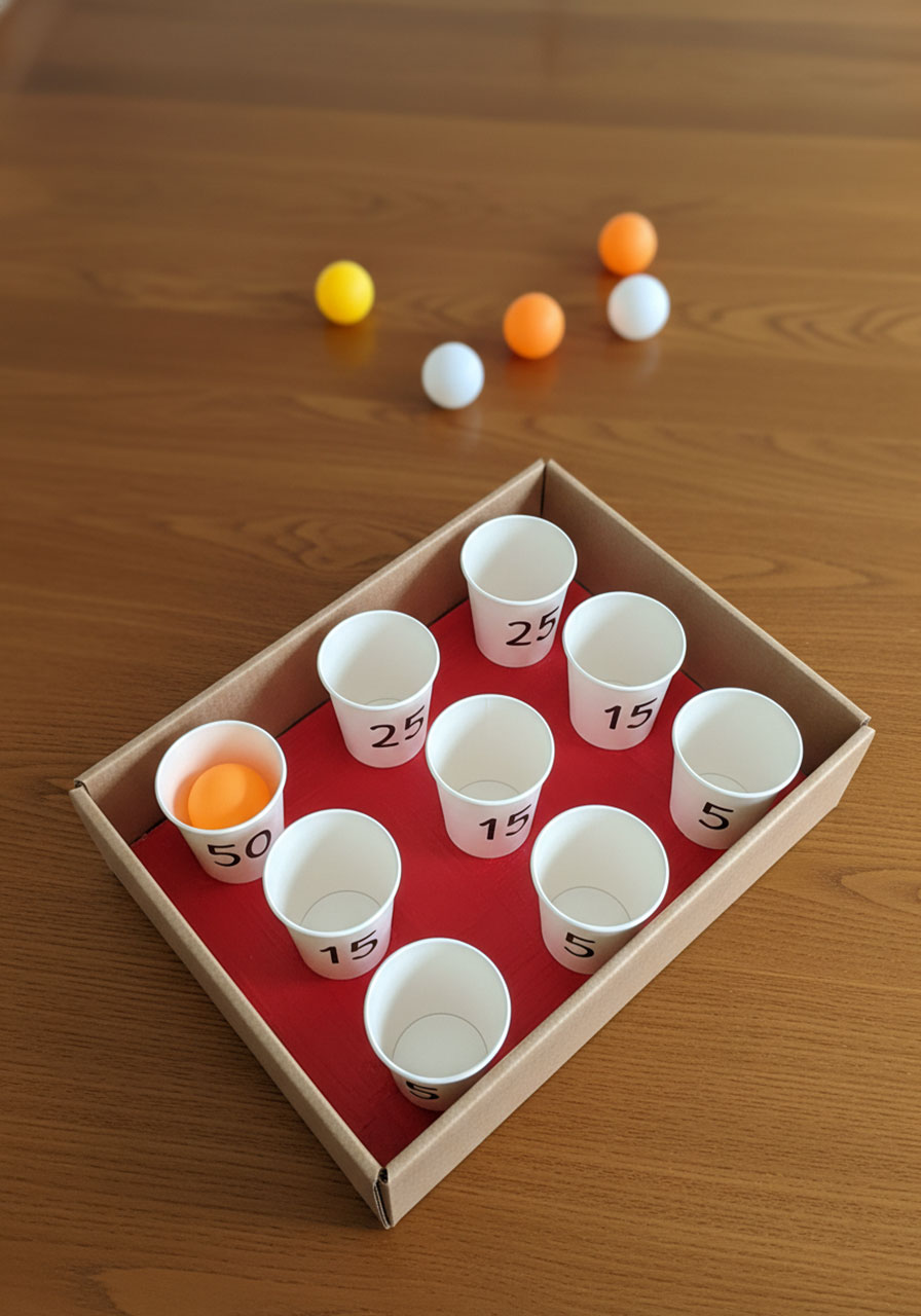 DIY cardboard cup toss carnival game with numbered paper cups in box and ping pong balls showing complete game setup and scoring system