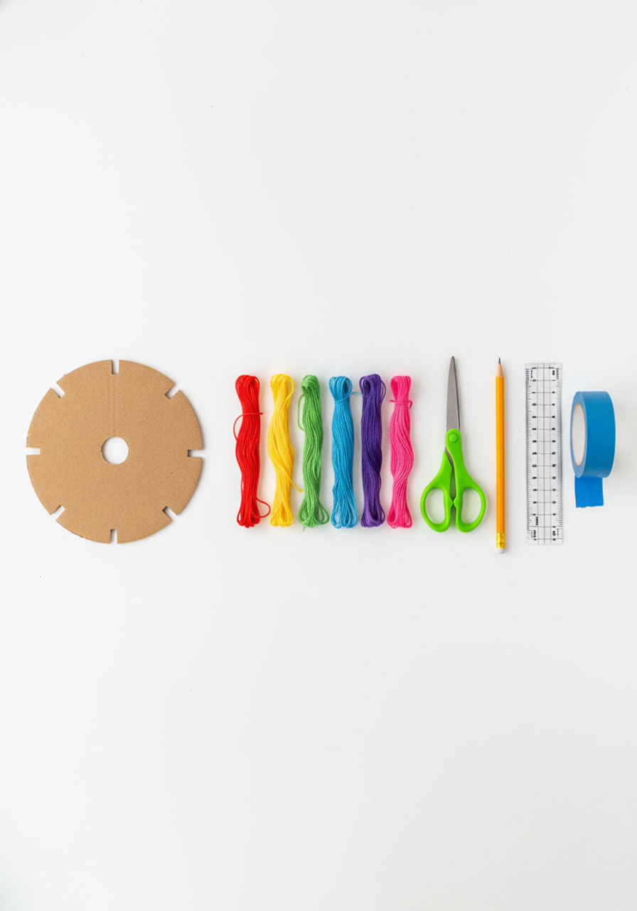 Complete supplies for making cardboard loom bracelet including embroidery floss, cardboard loom, scissors, and tools