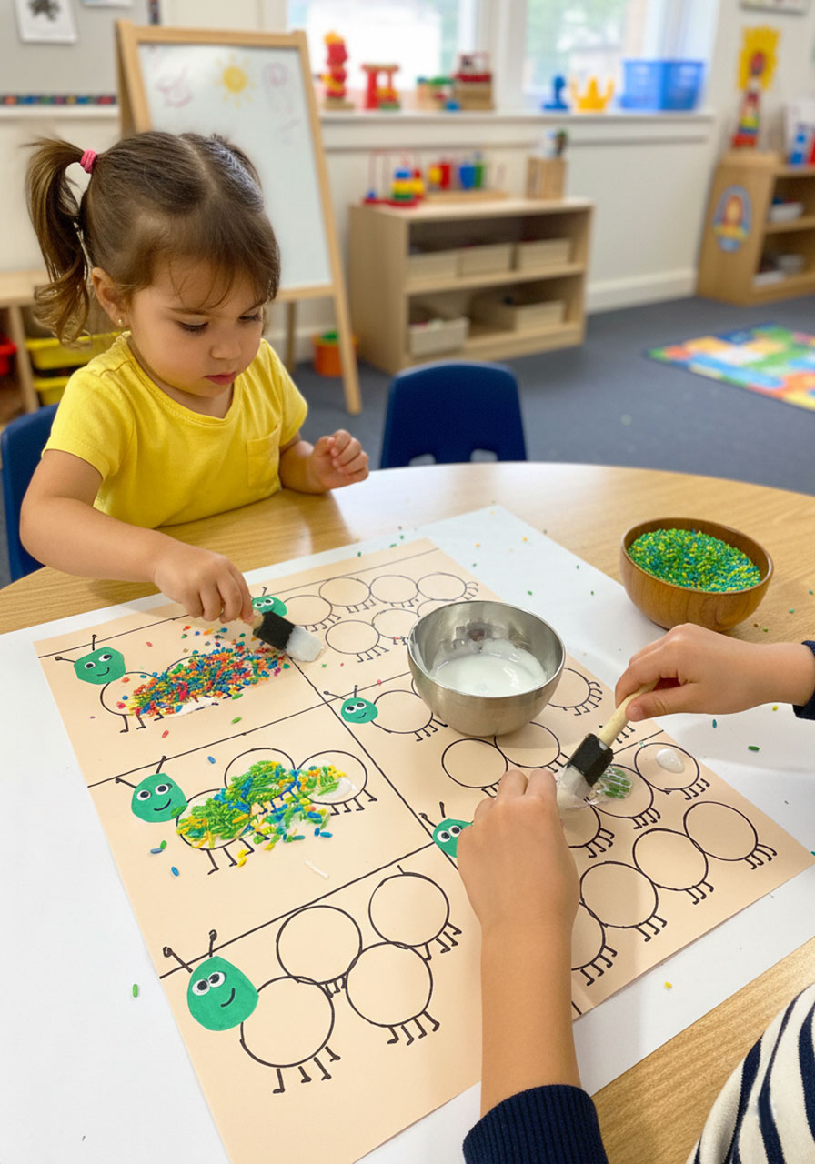 Colorful caterpillar counting sensory activity using dyed rice for spring math learning