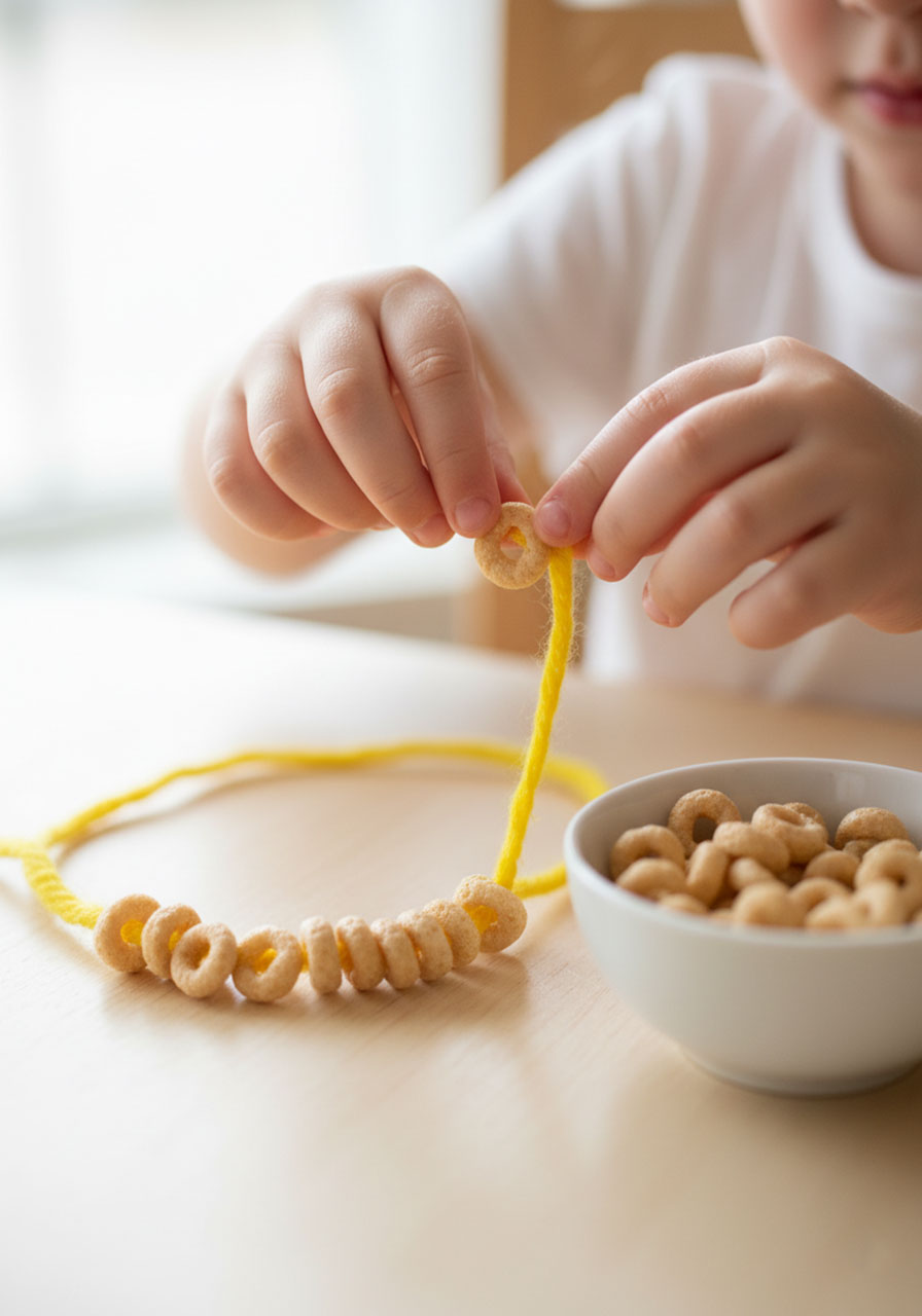 Young child's hands threading O-shaped cereal onto yarn to make an edible necklace in this simple Minute to Win It game.
