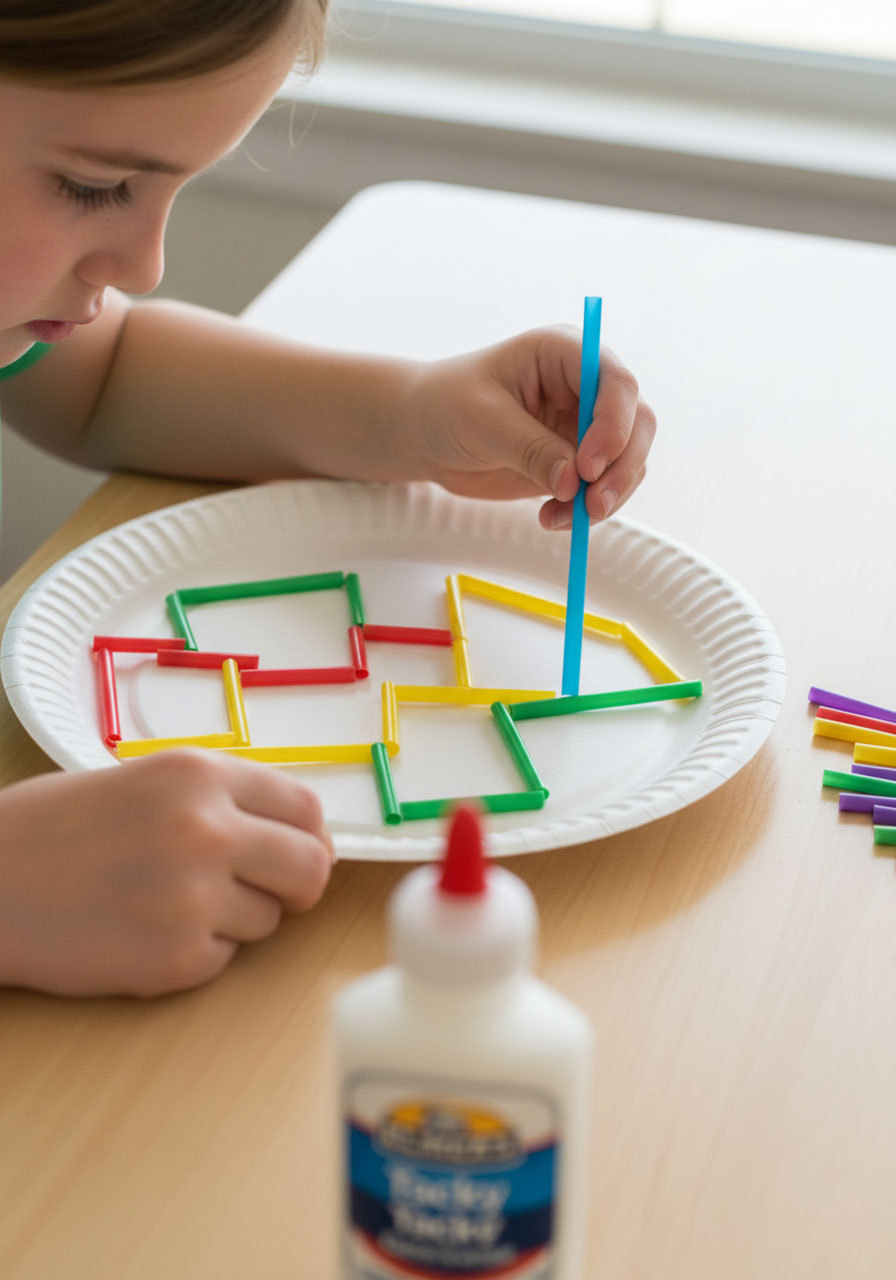 Child's hands gluing colorful straws to paper plate to build maze walls for STEM challenge