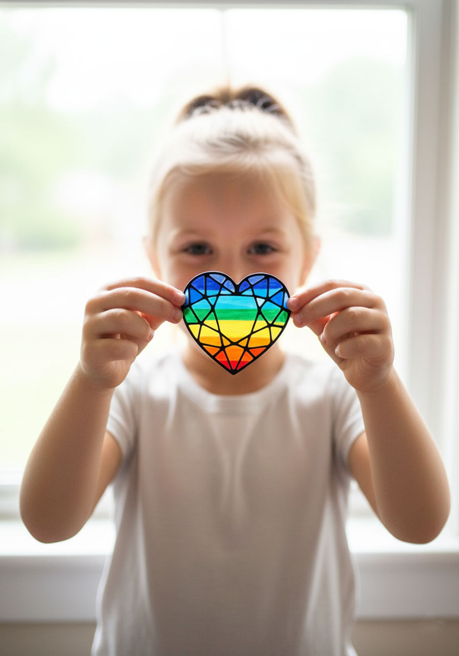 Young girl proudly holding completed rainbow stained glass heart suncatcher craft project in front of window