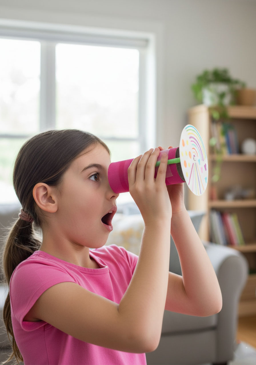 Young girl looking through DIY kaleidoscope with amazed expression while spinning the decorated circle
