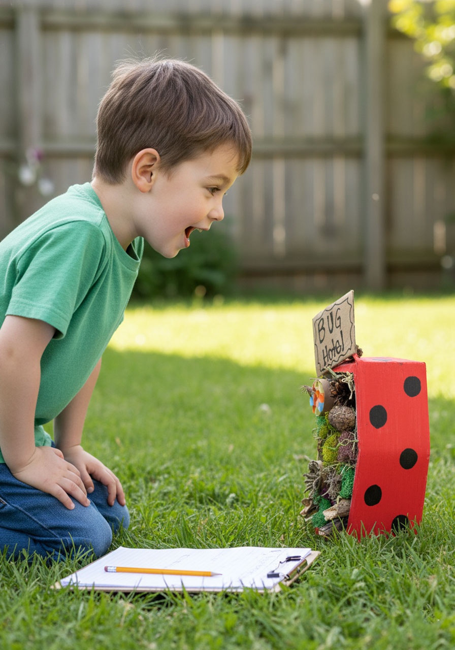 Young boy kneeling in garden observing and documenting bugs in completed bug hotel craft with journal for science learning