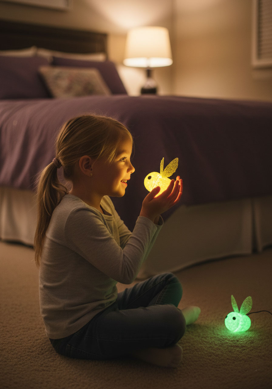 Young girl playing with DIY glowing firefly craft at bedtime showing magical light-up effect and child engagement