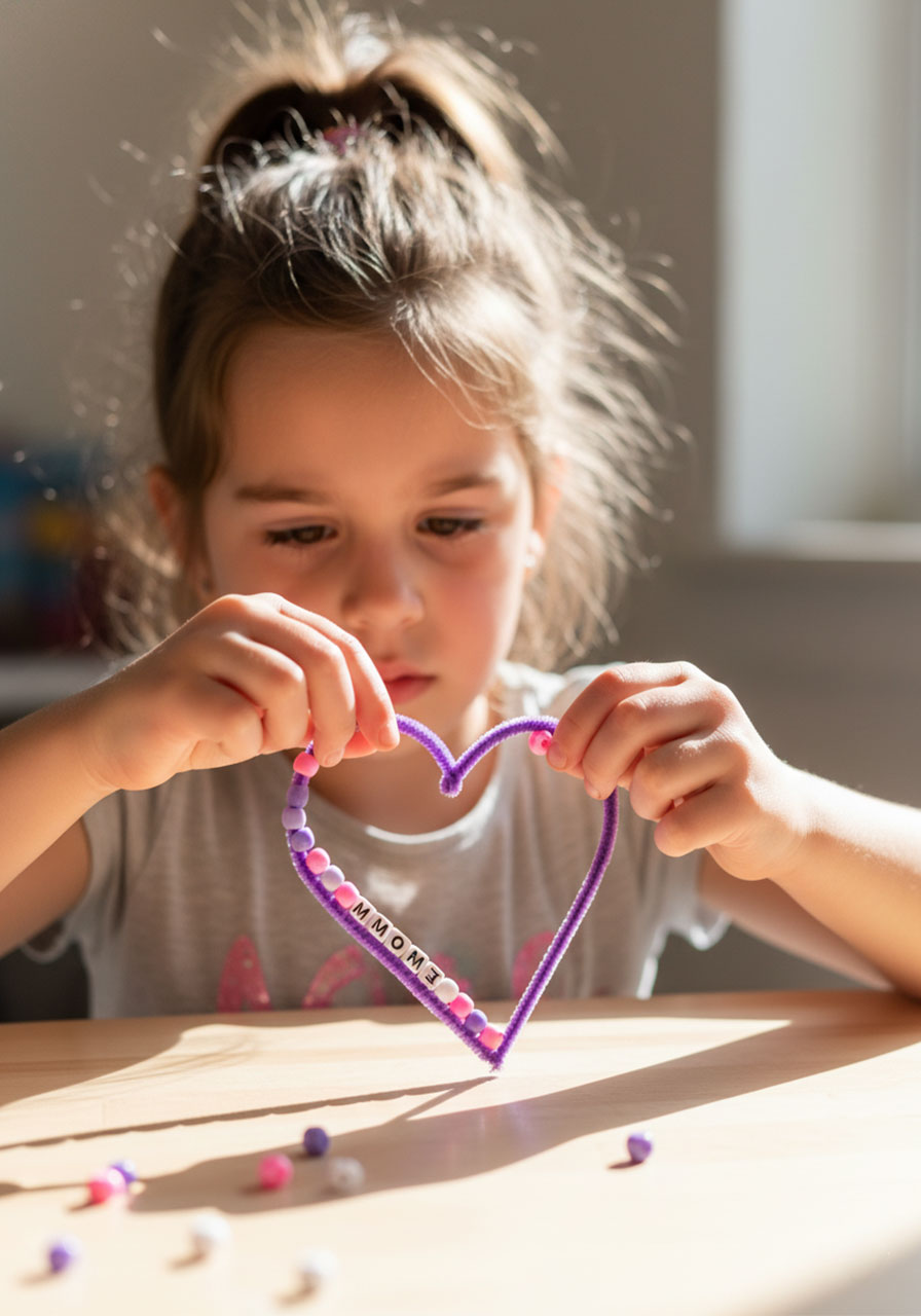 Young girl concentrating while threading pink pony beads onto pipe cleaner heart with letter beads spelling MOM