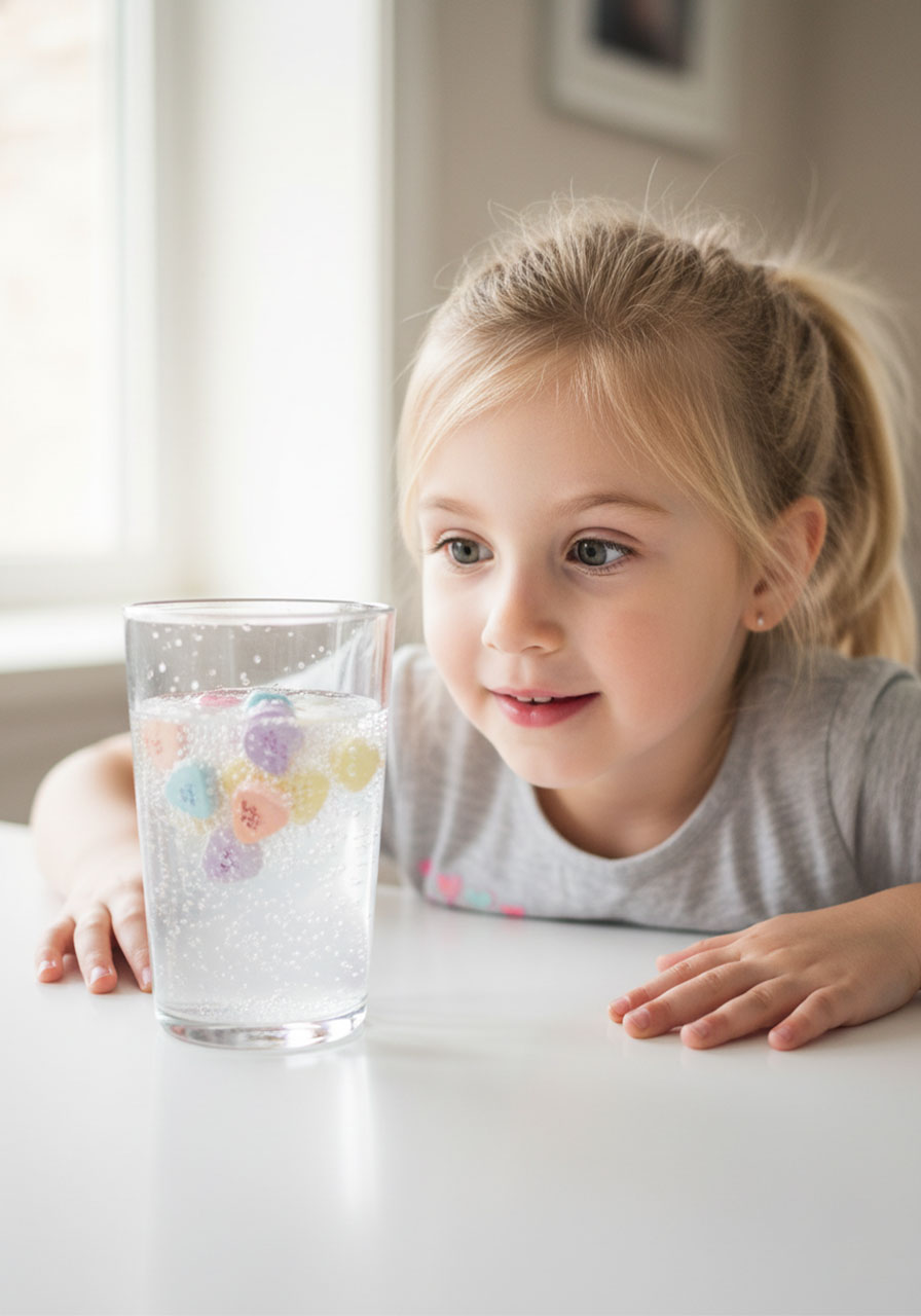 Young girl observing dancing conversation hearts with amazed expression during Valentine's Day science experiment learning activity for kids