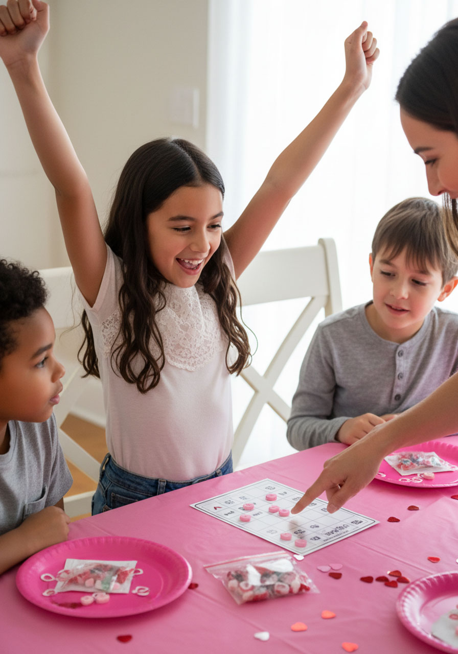 Excited child celebrating winning Valentine's Day bingo game with arms raised and completed card showing winning row