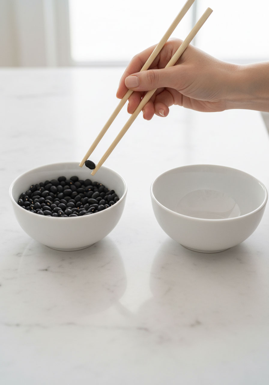 Close-up of adult hands using chopsticks to transfer dry beans from one bowl to another in a challenging Minute to Win It game.