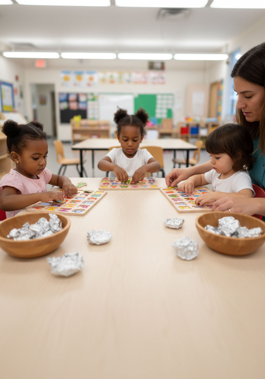 Three preschool children doing alphabet puzzle fine motor activity simultaneously at classroom learning center table