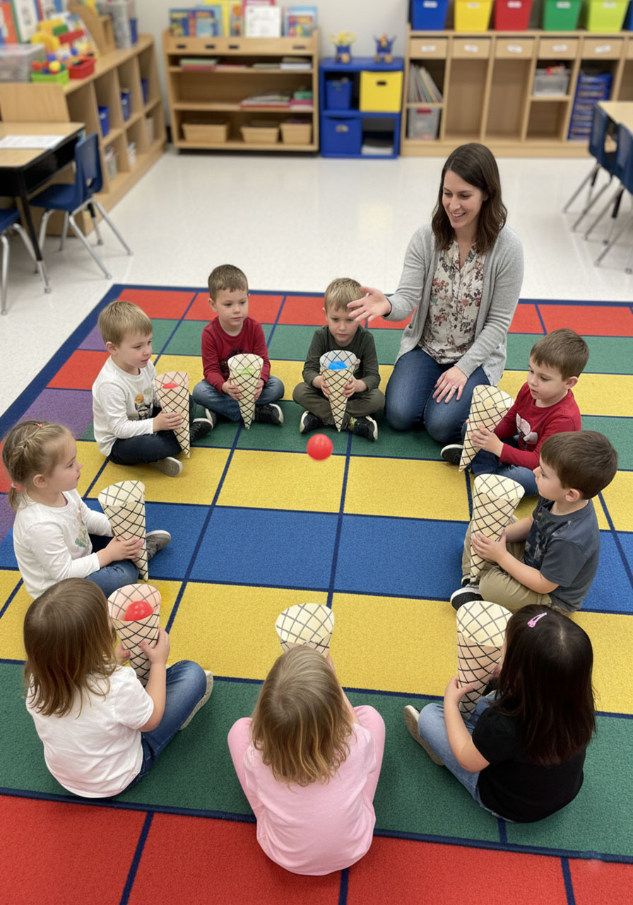 Teacher and eight preschool children sitting in circle playing pass the ice cream sharing game during classroom activity
