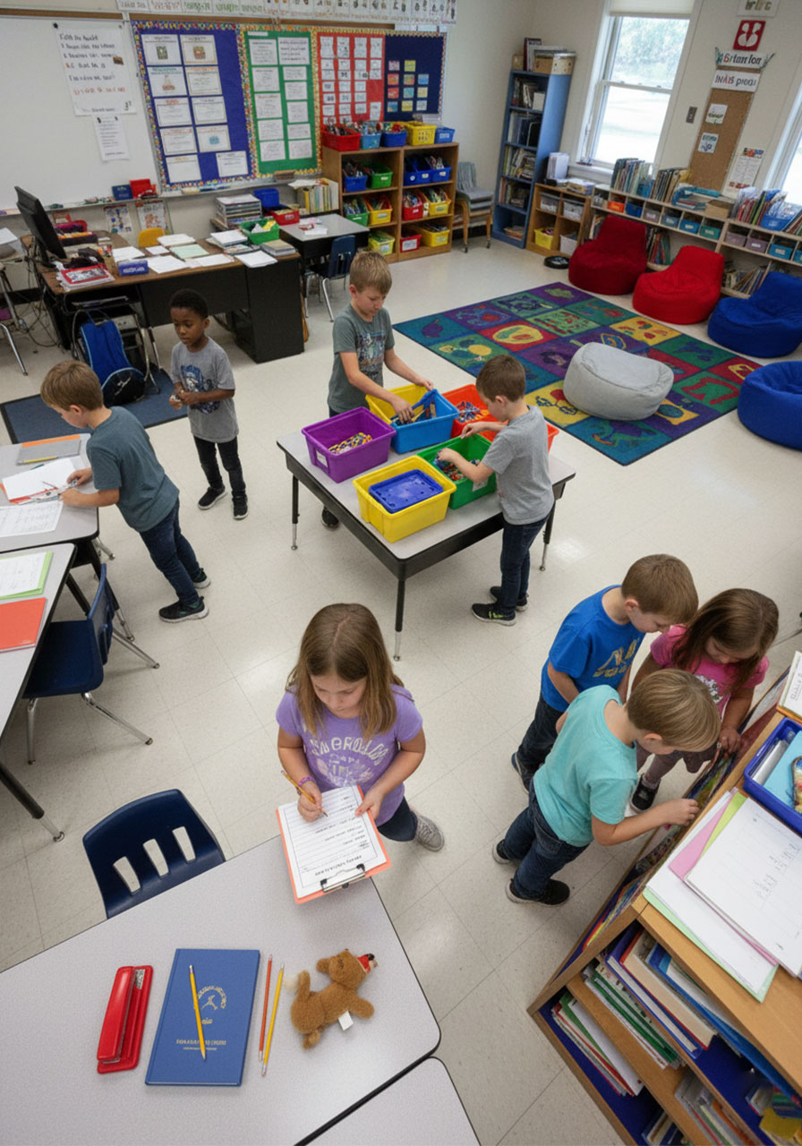 Children playing classroom scavenger hunt in teams with checklist searching for items - interactive indoor party game for elementary students