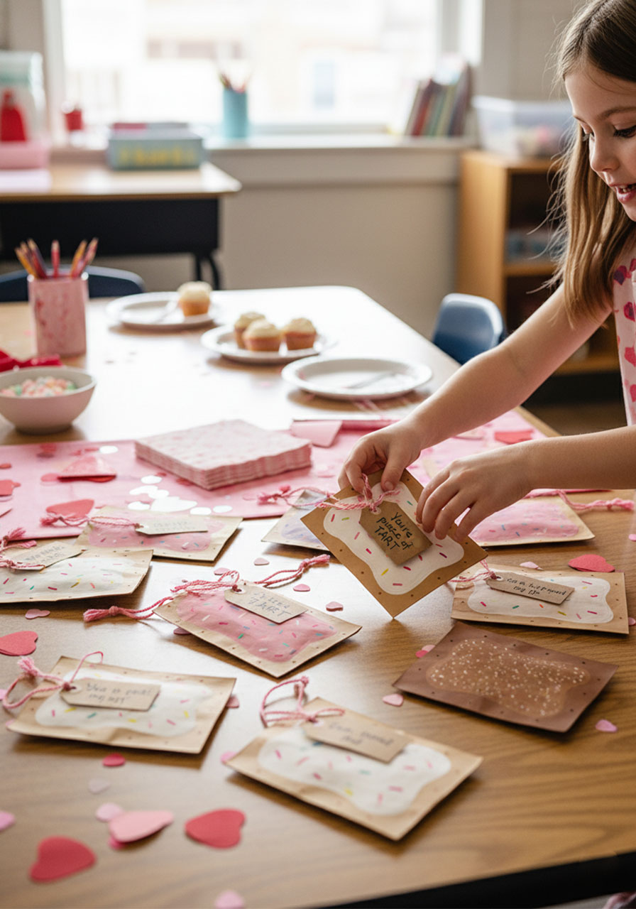 Multiple Valentine Pop Tart pouches arranged as classroom Valentine exchange with child selecting one