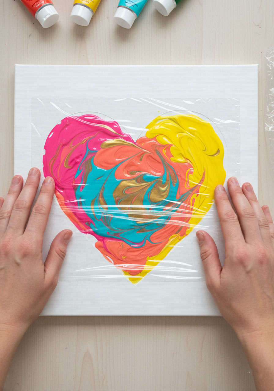 Cling wrap heart painting technique in progress showing hands spreading paint colors under plastic wrap