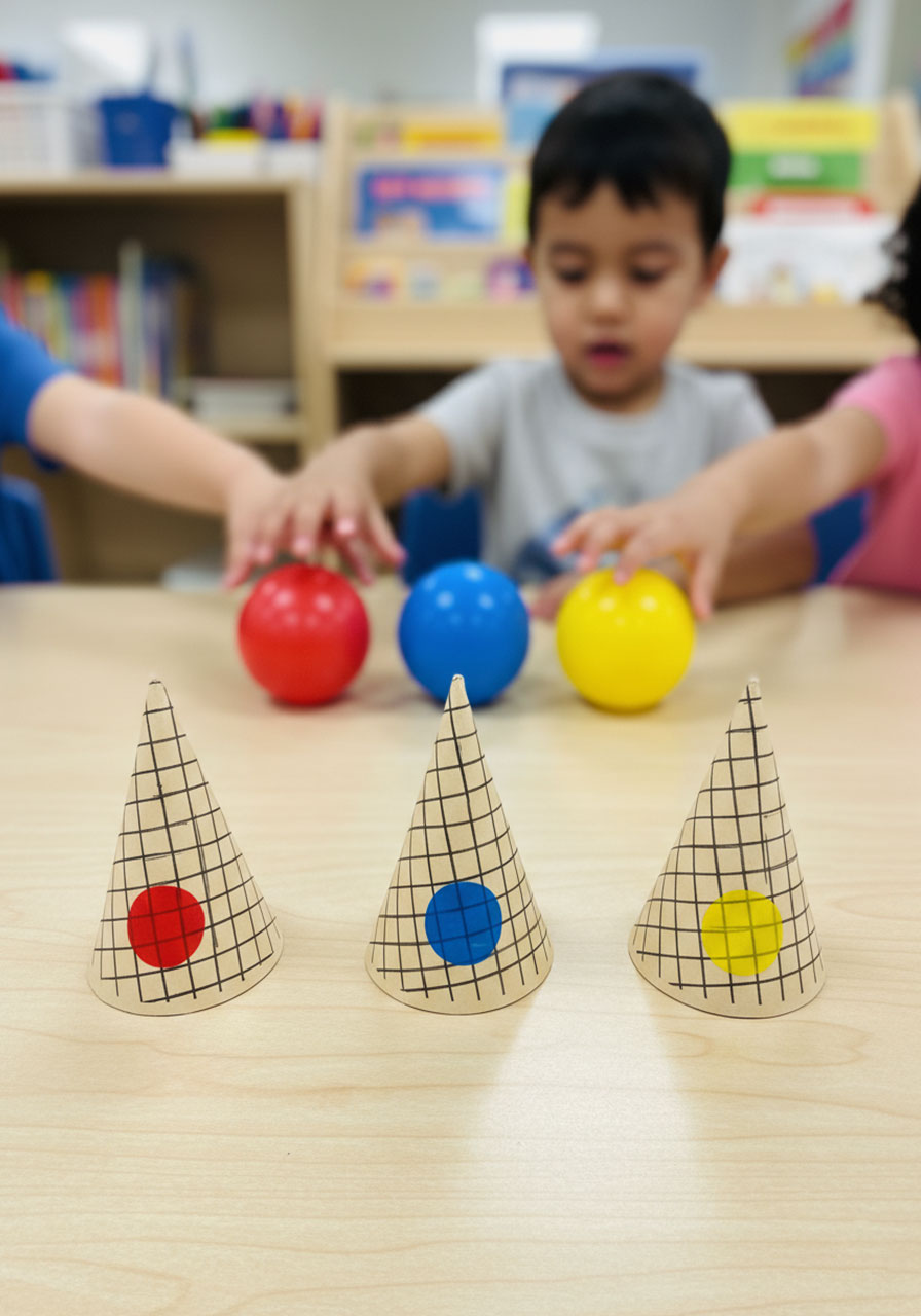 Paper ice cream cones with colored dots and matching balls for color sorting variation of preschool sharing game