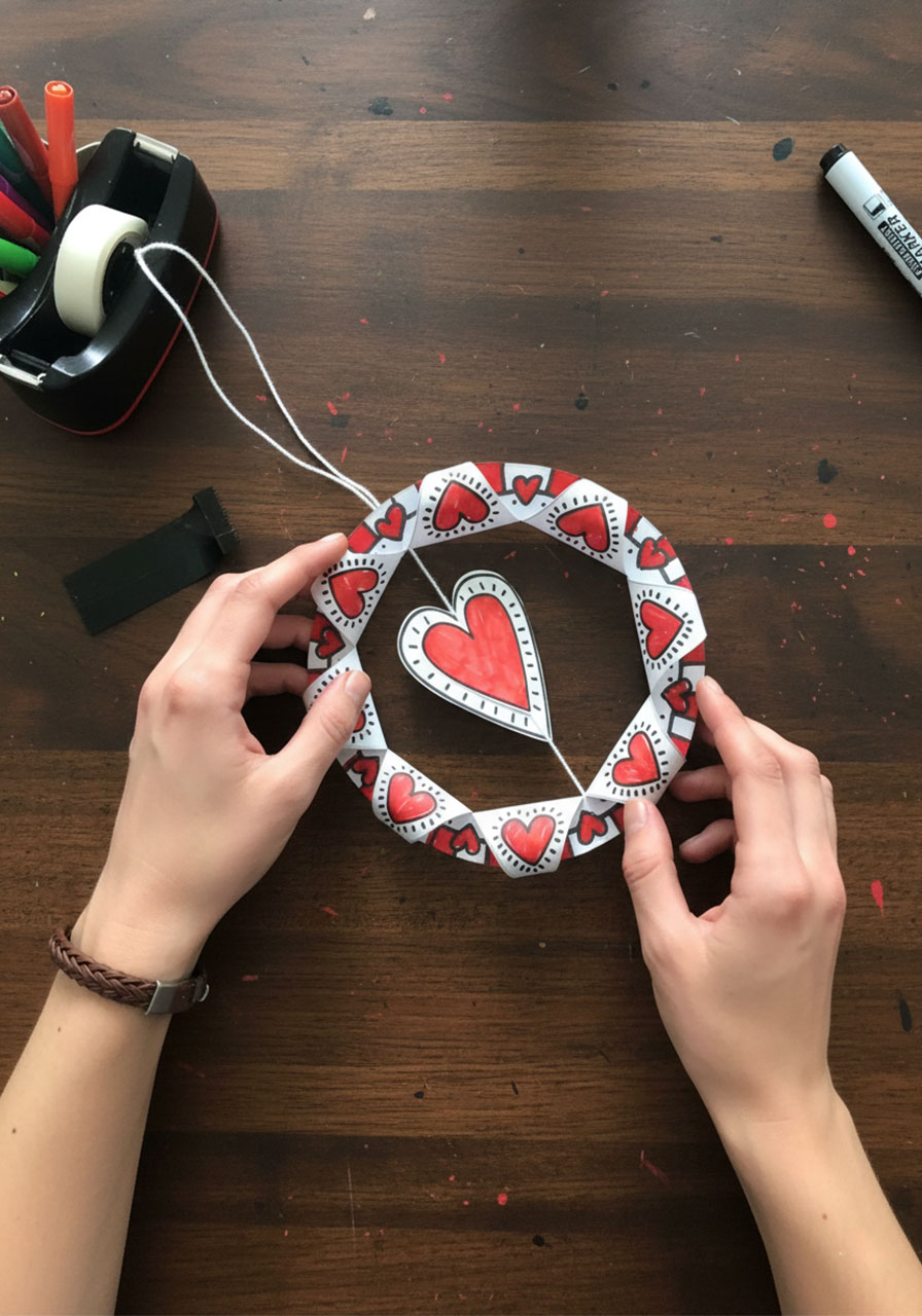 Collection of five decorated paper heart wreaths in different color schemes showing customization options for Valentine's Day