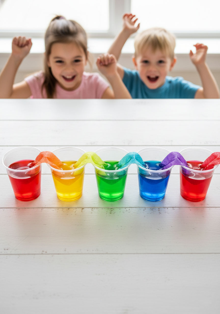 Finished rainbow walking water science experiment showing complete spectrum of seven colored cups with red, orange, yellow, green, blue, purple water and excited children celebrating