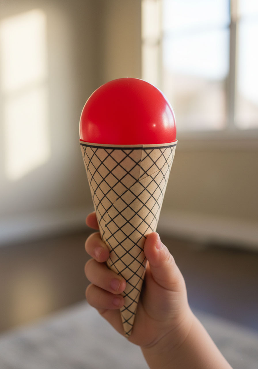 Child holding completed paper waffle cone with red ball as ice cream scoop for preschool sharing game