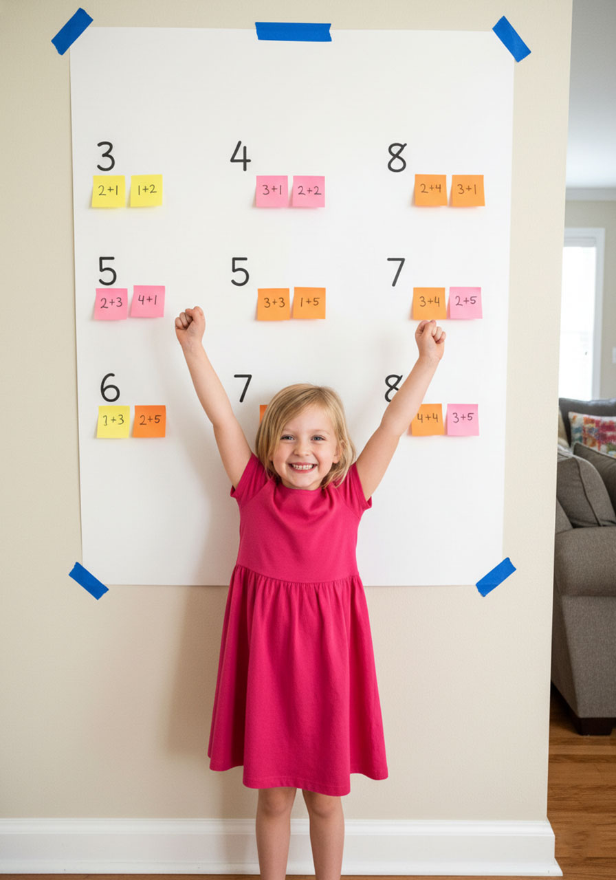 Finished Post-It math game showing all addition equations correctly matched to answers with celebrating child