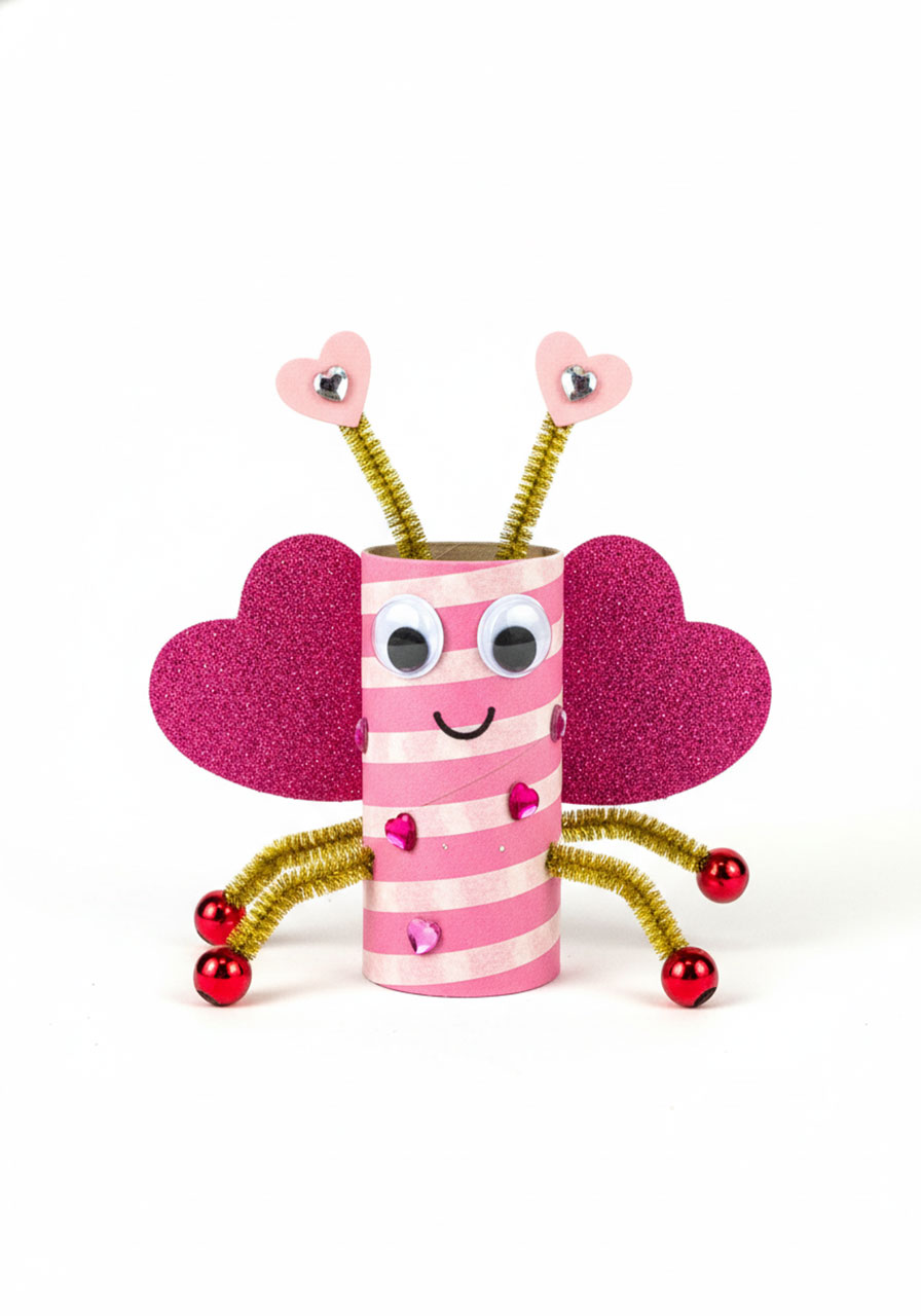 Finished toilet roll love bug craft with pink striped body, googly eyes, pipe cleaner legs, heart wings, and antennae for Valentine's Day