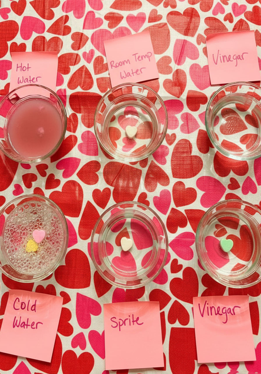 Final results of conversation heart science experiment showing dissolution and floating in six different liquids after two hours