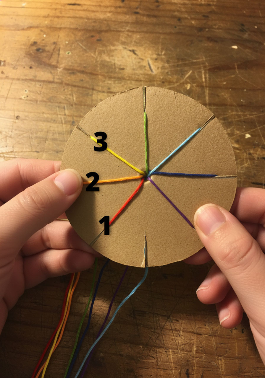 Counting three notches to the left from empty space on cardboard loom for bracelet weaving pattern