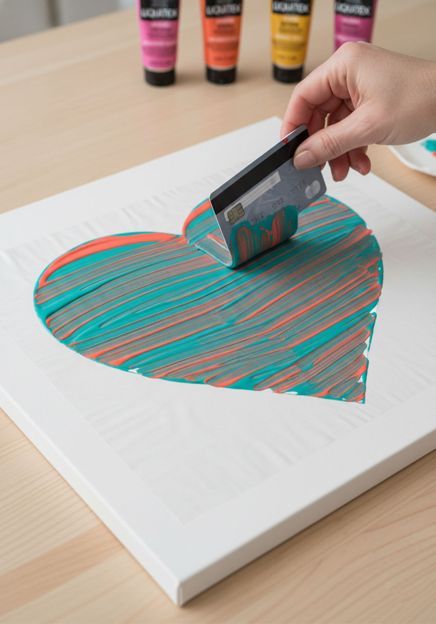Credit card swipe painting technique on canvas creating textured heart art with acrylic paint