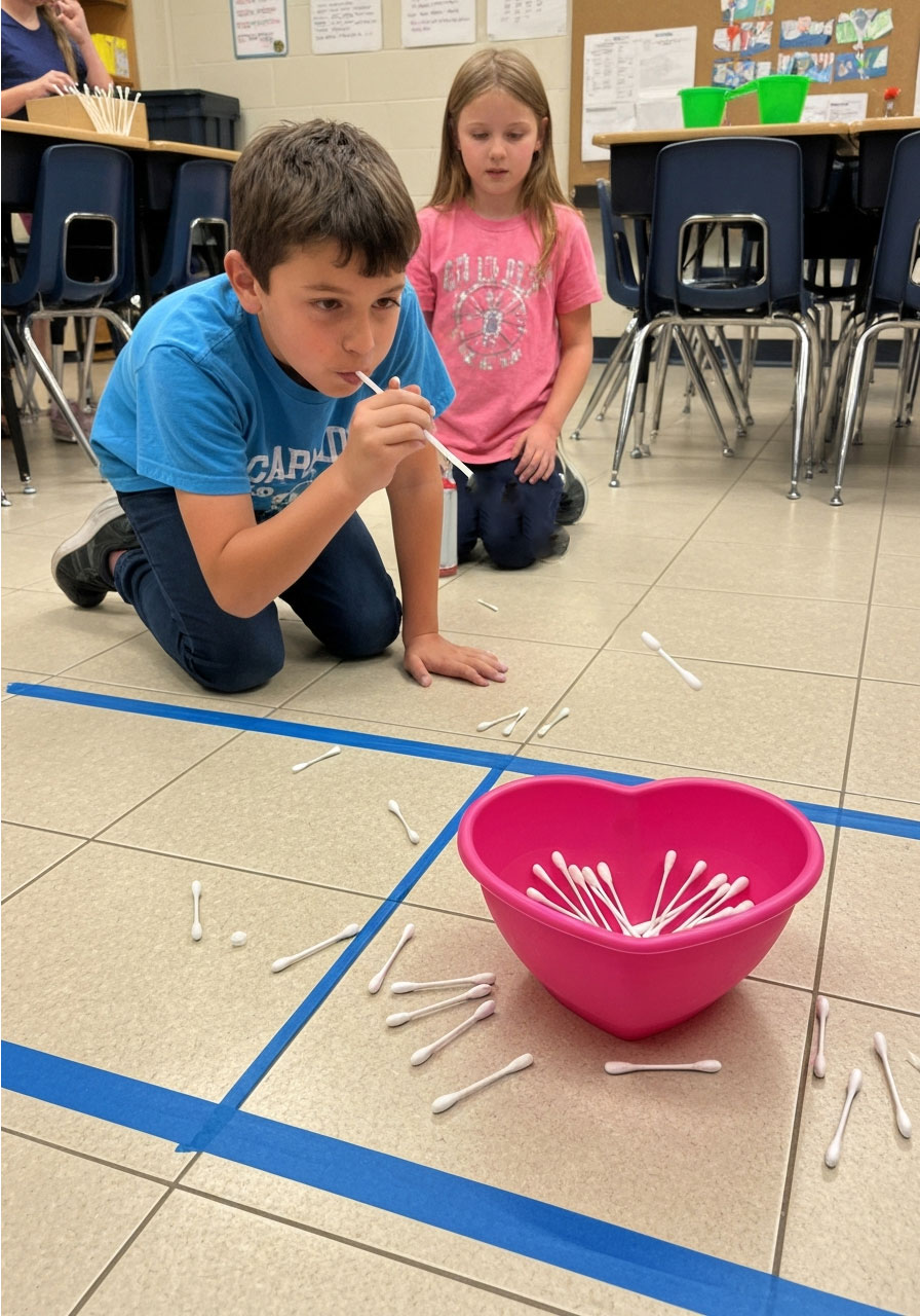 Boy using straw to blow Q-tip arrows toward heart bowl during Valentine's Day Cupid's arrow party game