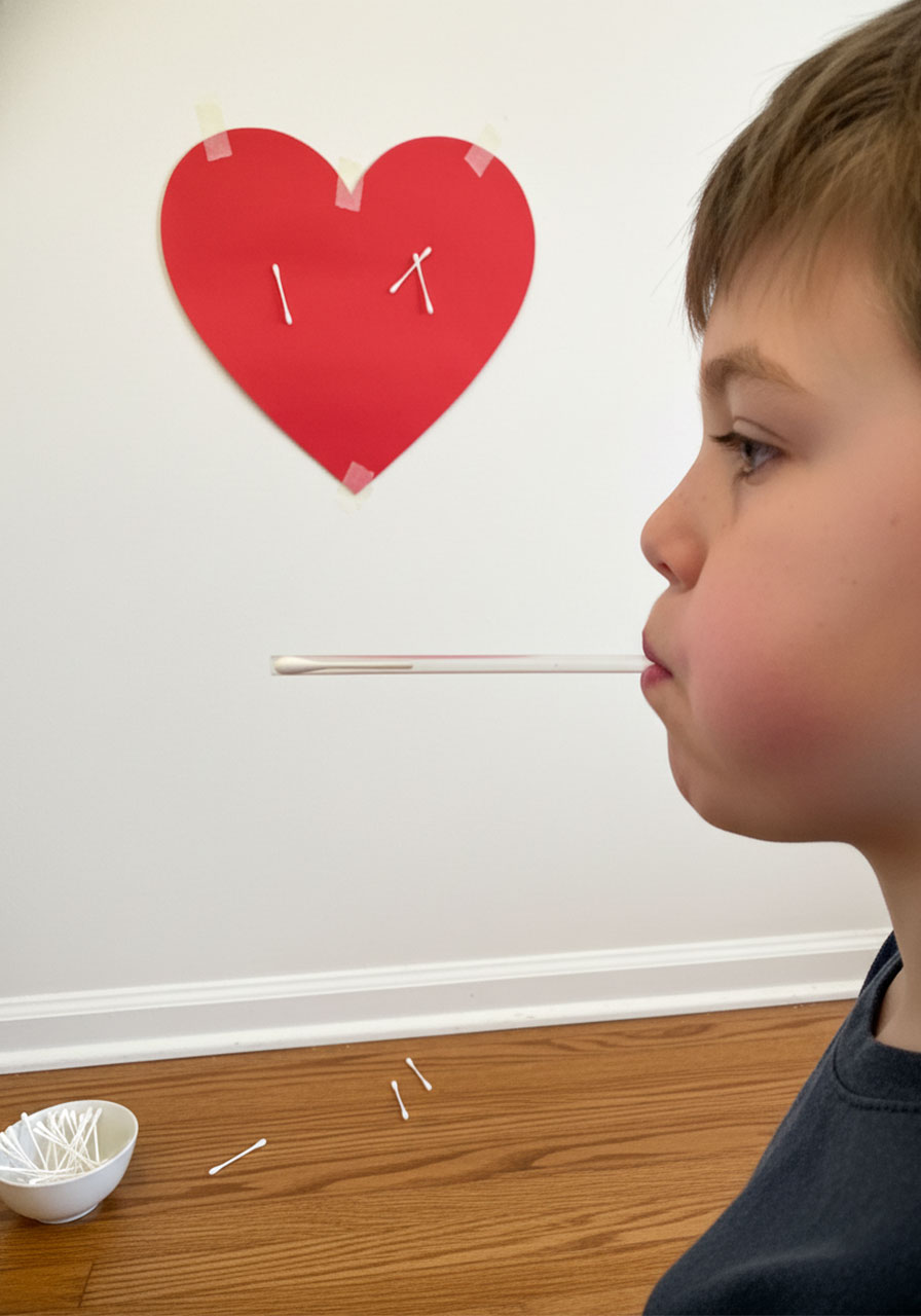 Boy using straw to blow Q-tip toward heart target in Cupid's Arrows Valentine shooting game