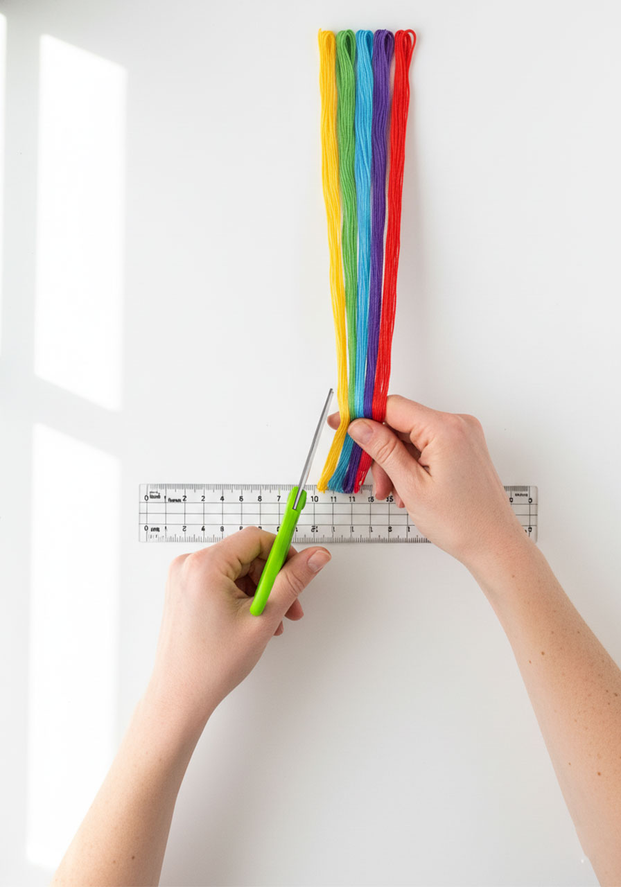 Cutting seven 20-inch pieces of rainbow embroidery floss for cardboard loom friendship bracelet
