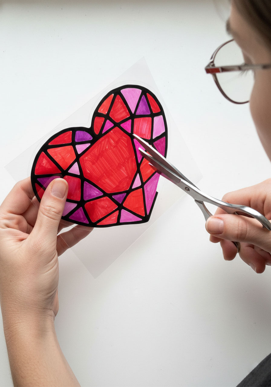 Scissors cutting out completed stained glass heart suncatcher along edges of colored design on clear plastic