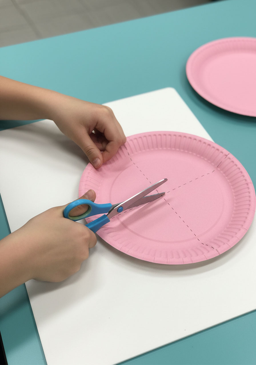 Child using scissors to cut pink paper plate in half to create the body for Valentine love bug craft