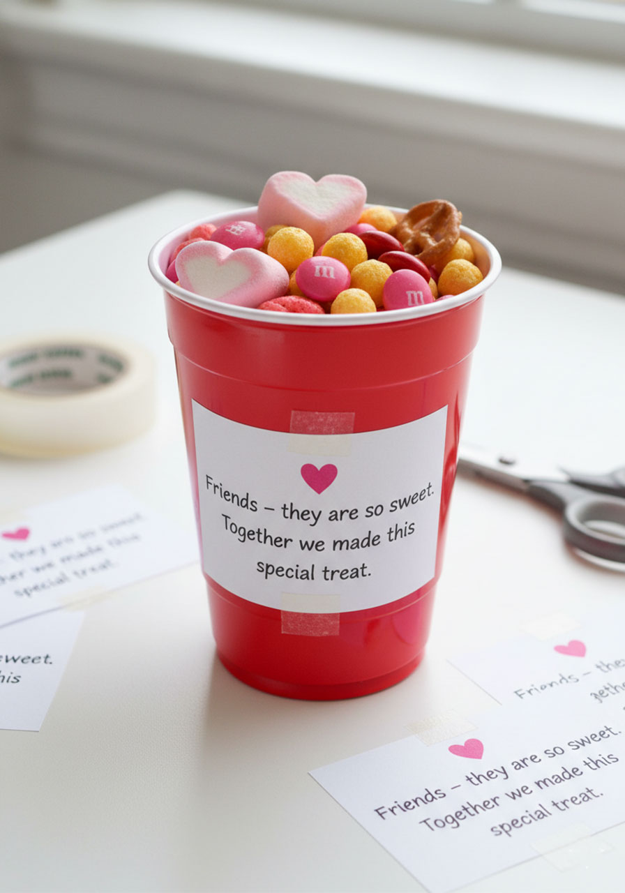 Red Solo cup decorated with friendship poem label and filled with Valentine's Day trail mix for classroom party