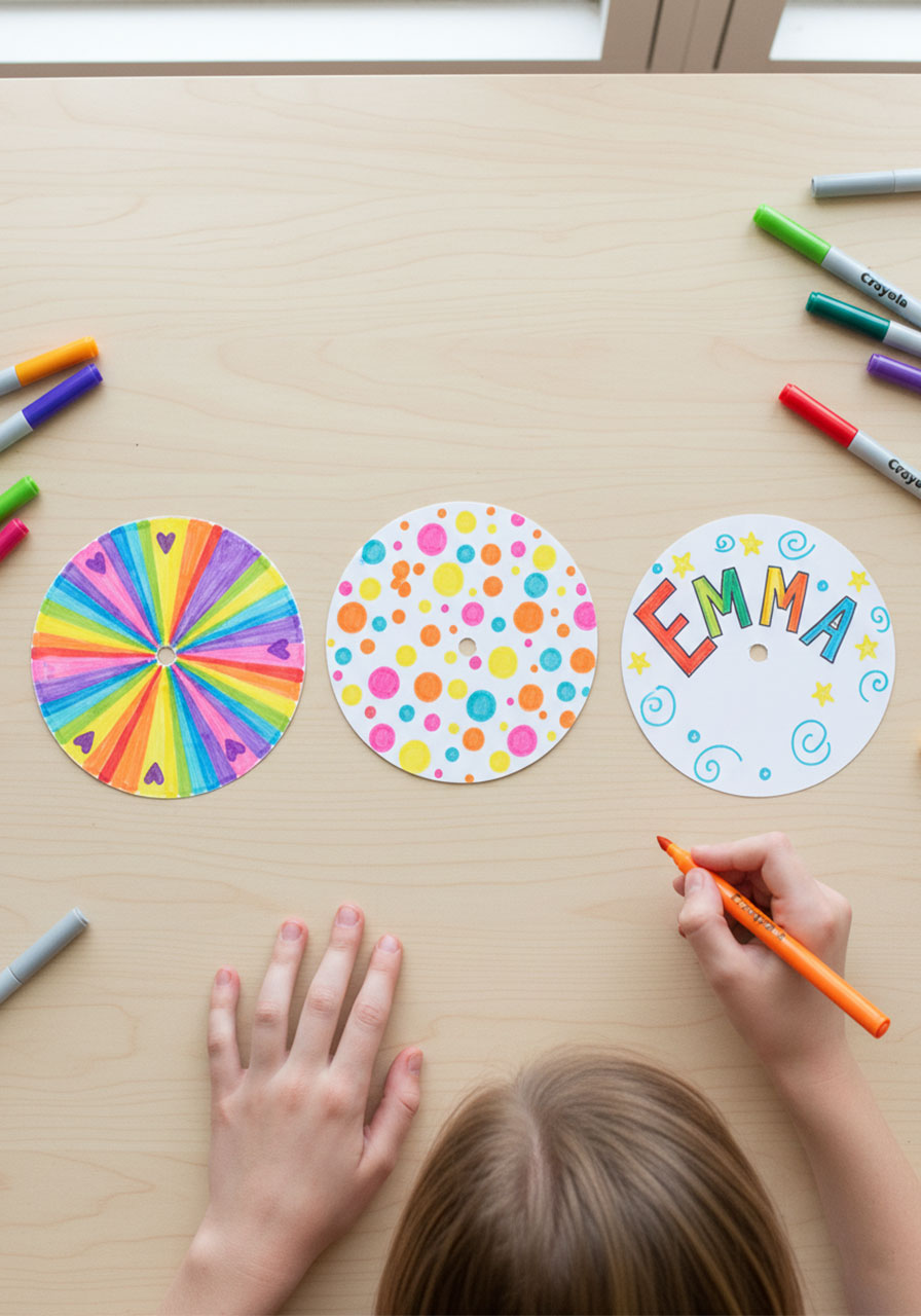 Three decorated cardstock circles with different patterns including stripes, polka dots, and rainbow letters for kaleidoscope viewing