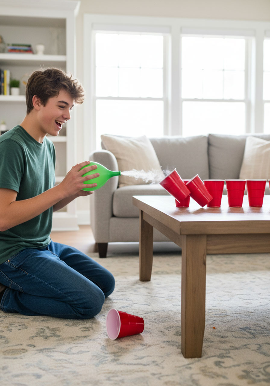 Teenager using air from a deflating balloon to knock over a line of plastic cups in the fast-paced Deflating Derby game.