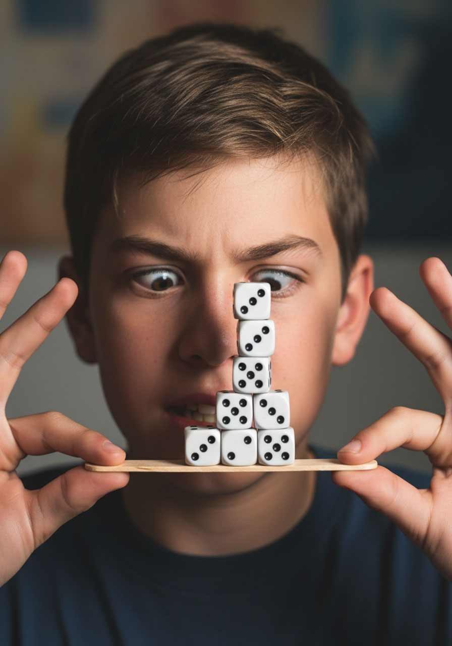 Extreme close-up of a teen balancing a stack of dice on a popsicle stick held in his teeth for the Dicey Balance challenge.