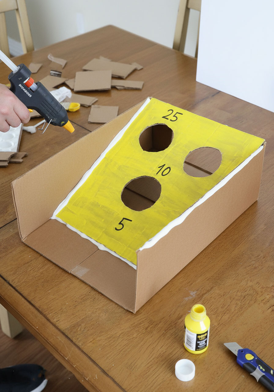 Construction process of DIY cardboard bean bag toss board showing angled ramp installation and circular holes for cornhole-style game