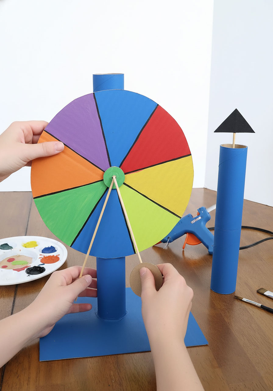 Step-by-step assembly of DIY cardboard prize wheel spinner showing painted wheel, bamboo skewer axle, and paper towel roll base construction