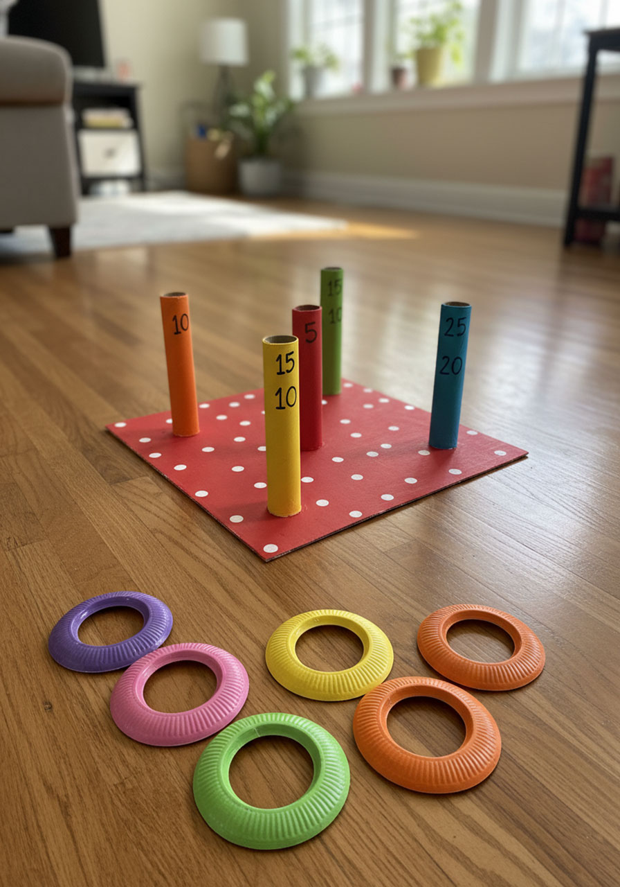 Complete DIY ring toss carnival game with colorful paper towel roll posts on cardboard base and paper plate rings for kids party