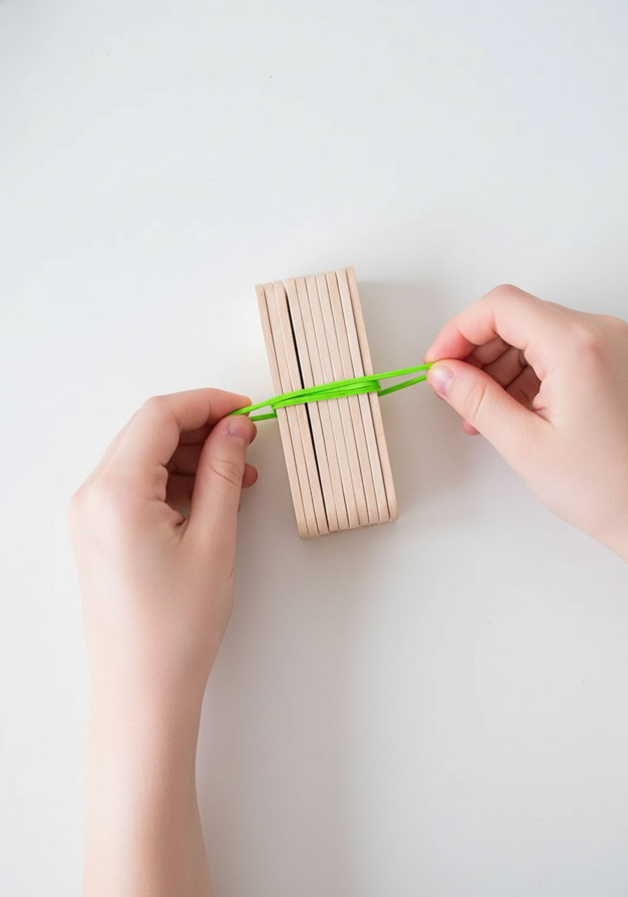 Child's hands wrapping rubber bands around stack of 7 popsicle sticks to create base of DIY marshmallow catapult