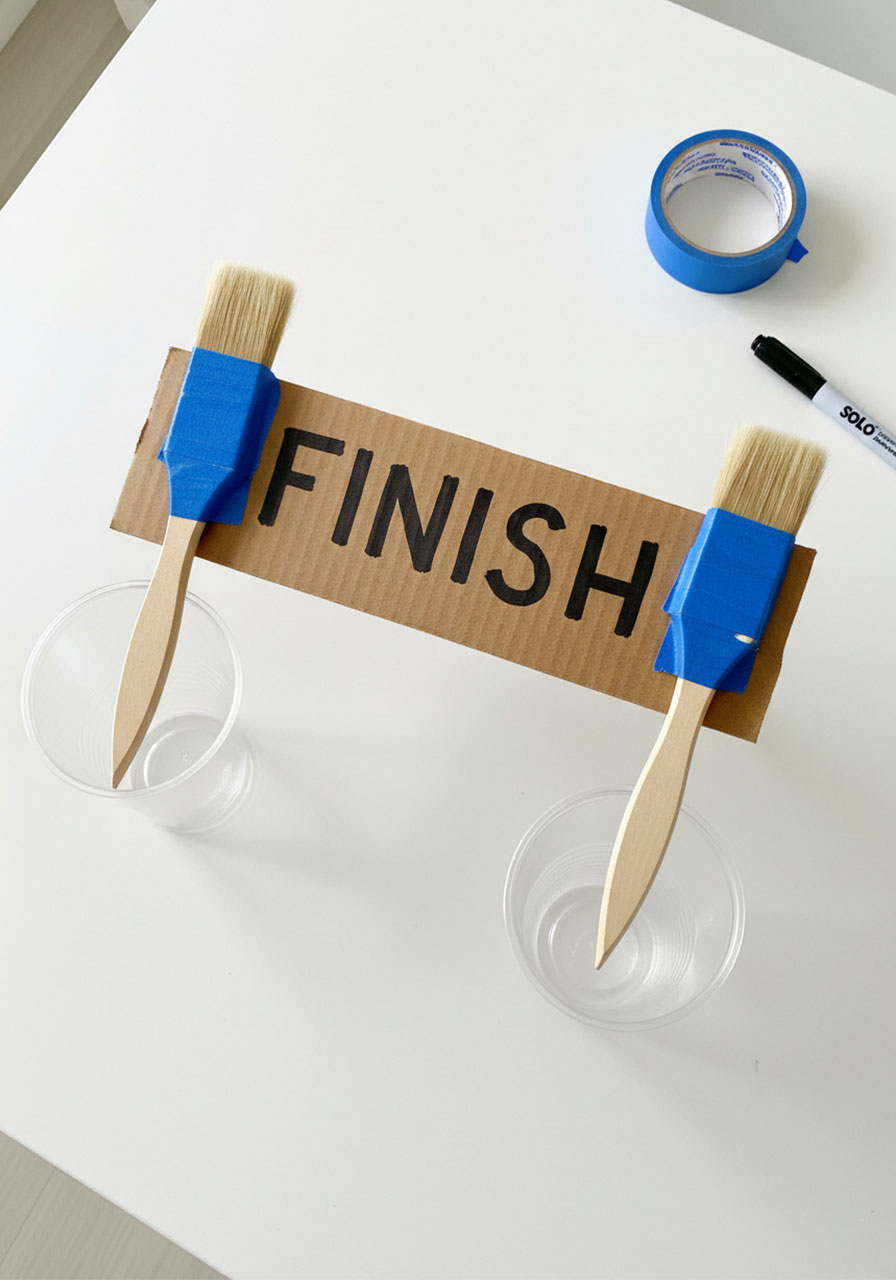 Homemade finish line using cardboard, paintbrushes and cups for car ramp racing activity