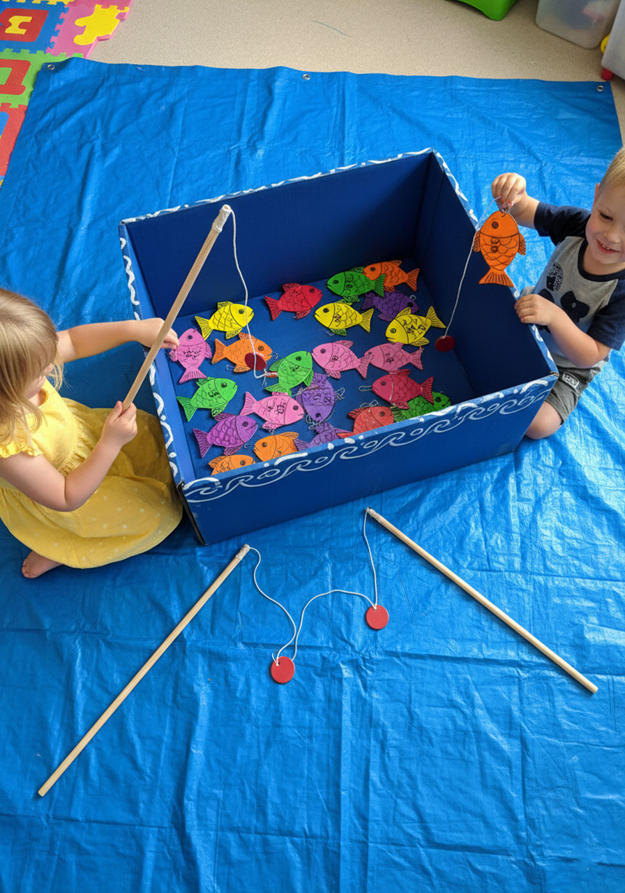 DIY fishing pond carnival game with cardboard box, colorful paper fish with paper clips, and magnetic fishing poles with children playing