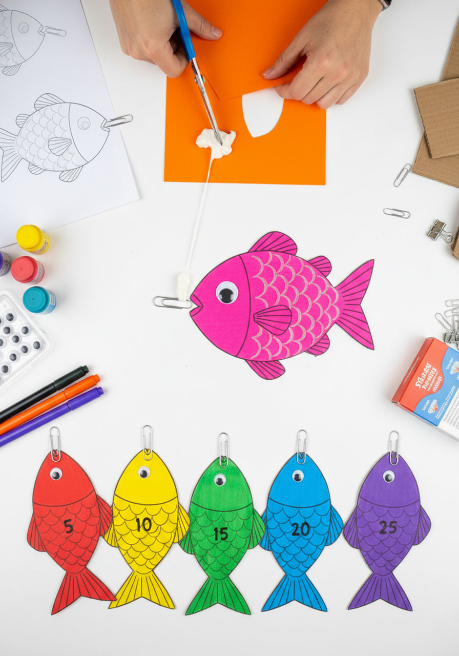 Step-by-step tutorial making DIY cardboard fish with paper clips for magnetic fishing pond carnival game with colorful completed examples