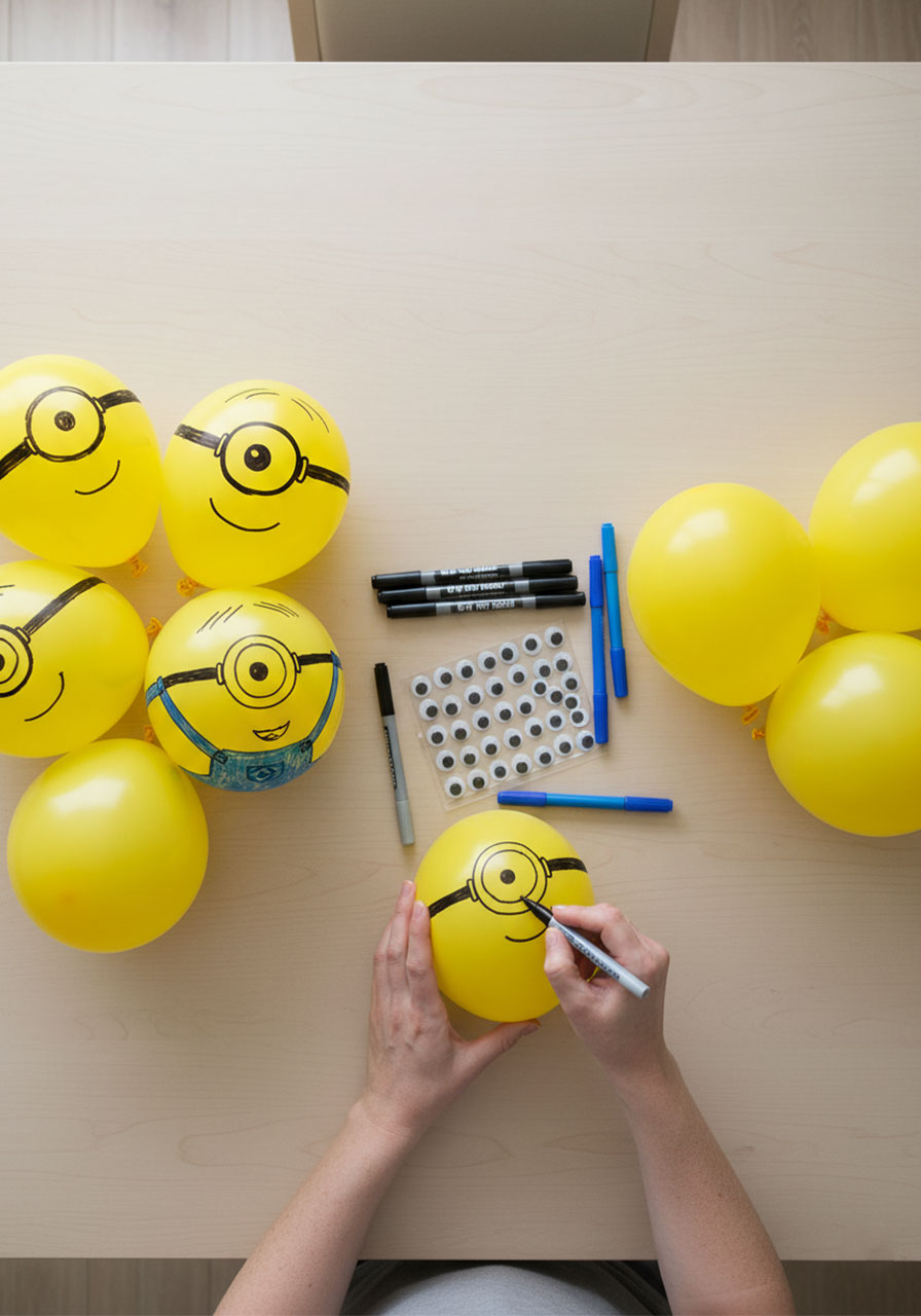 DIY Minion balloons craft tutorial showing yellow balloons decorated with black goggles and googly eyes