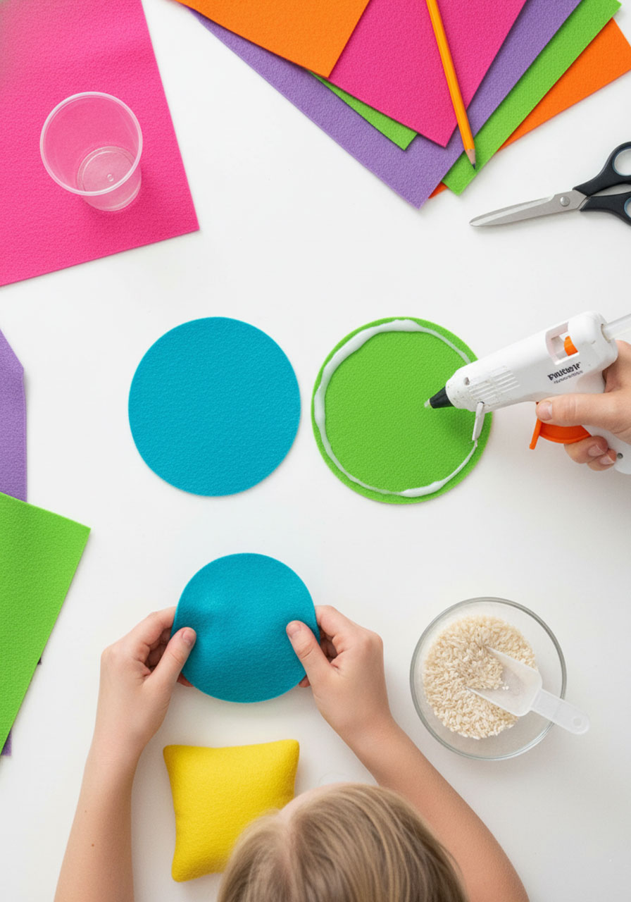 Step-by-step process making no-sew felt bean bags with hot glue and rice filling for DIY cardboard carnival games