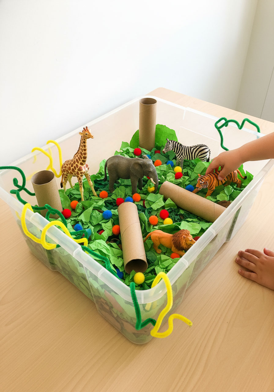 Child playing with DIY safari sensory bin filled with tissue paper, pom poms, and toy animals for hands-on learning