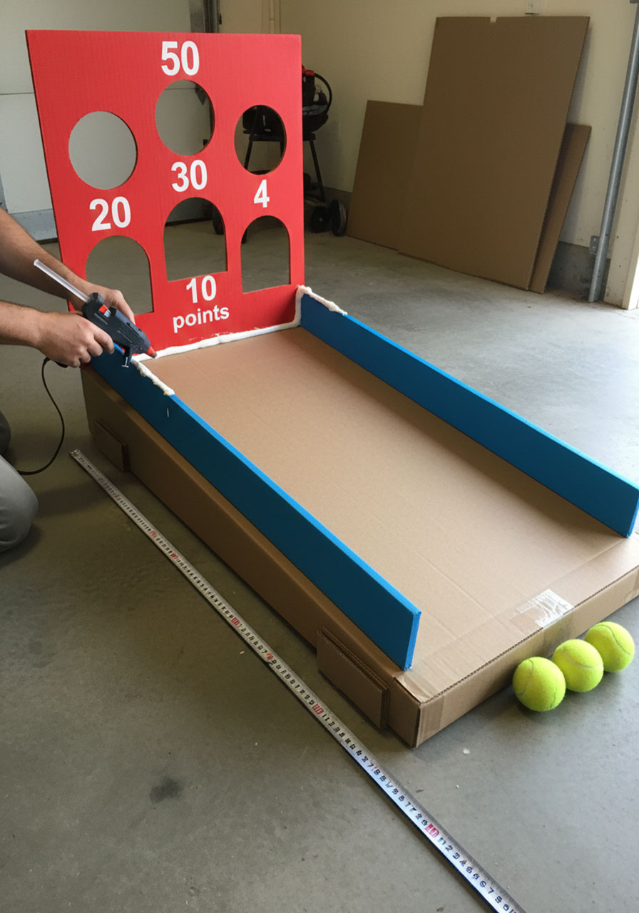 DIY cardboard skee ball ramp construction showing angled rolling surface, side walls, and scoring holes cut in vertical target board