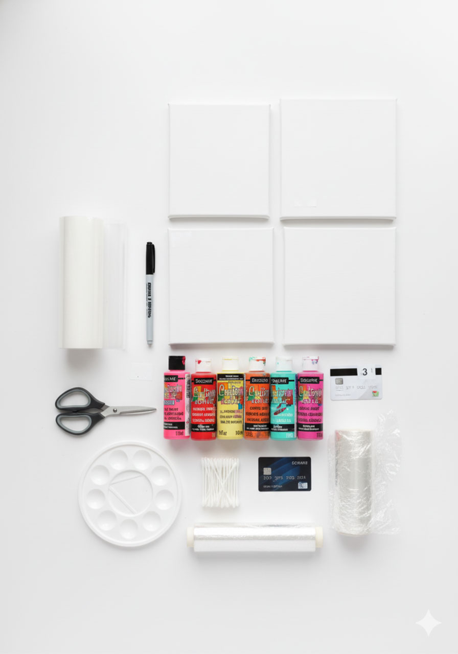 Budget-friendly dollar store supplies for DIY heart canvas painting including contact paper paint and tools