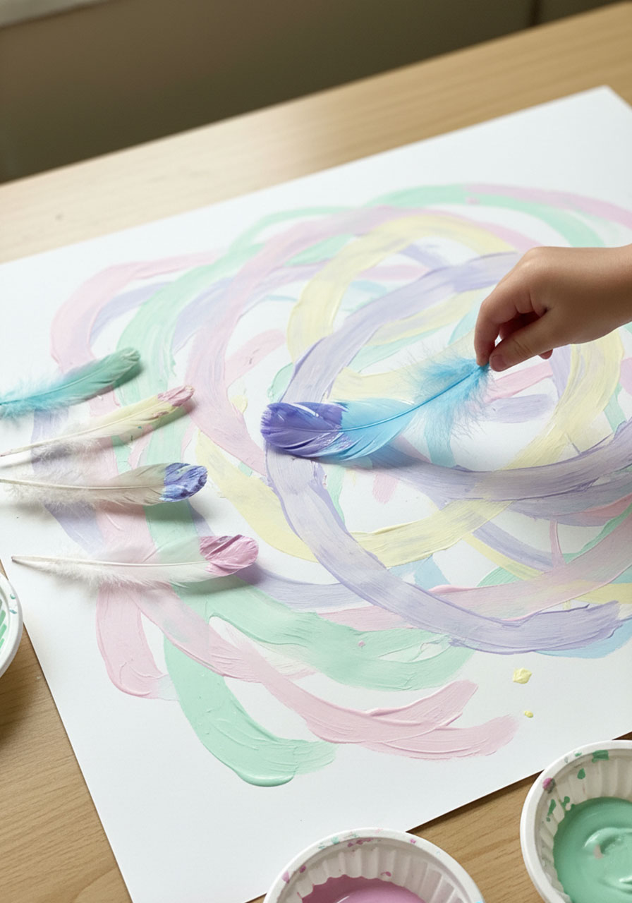Preschooler creating colorful feather painting with soft sweeping strokes using craft feathers and spring paint colors